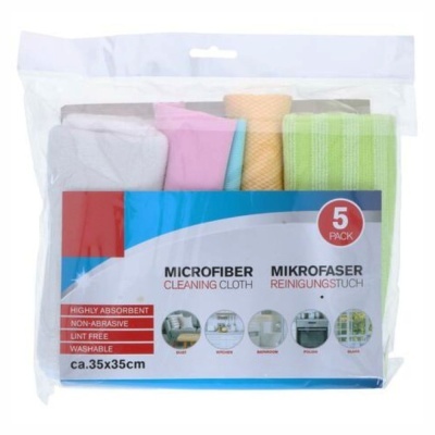 Pacote com 5 panos de microfibra coloridos para limpeza, embalagem transparente com etiqueta frontal