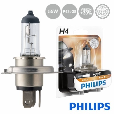 Lâmpada halógena automóvel Philips H4 55W em embalagem transparente com detalhes laranja e preto