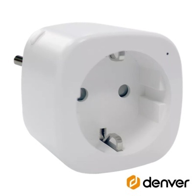 Tomada elétrica branca quadrada com logótipo denver