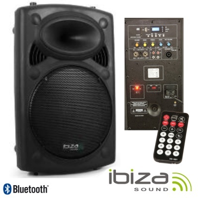 Coluna de som preta Ibiza Sound com painel traseiro e telecomando