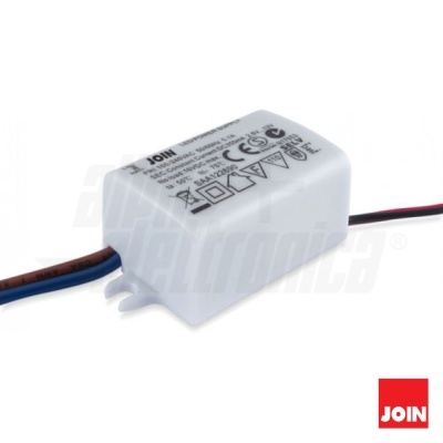 Transformador elétrico branco com fios azul e castanho e inscrição técnica