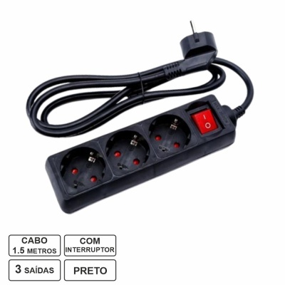 Tomada Elétrica C 3 Saídas Interruptor 1.5m Preto