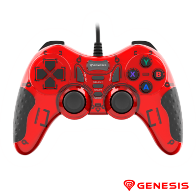 Comando GENESIS vermelho translúcido para videojogos com botões coloridos
