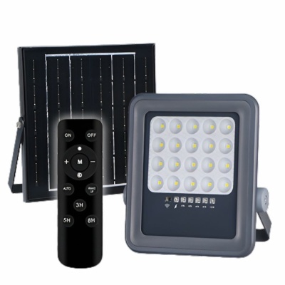 Luz de inundação LED cinzenta com painel solar preto e comando remoto preto.