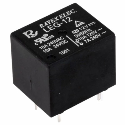 Relé preto com texto branco da marca RAYEX ELEC modelo LEG-12