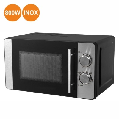Micro-ondas preto com porta de vidro e botões inox