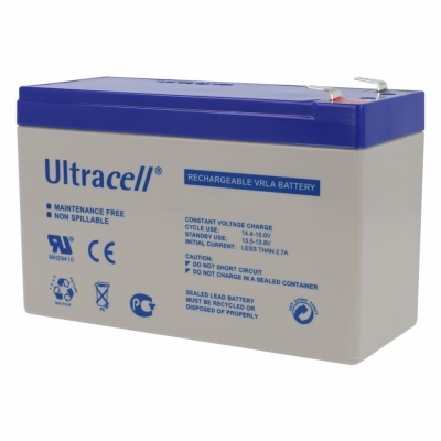 Bateria recarregável Ultracell VRLA cinza com tampa azul, texto azul e certificações