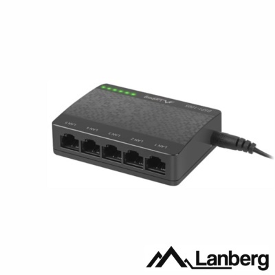 Comutador de rede Lanberg preto com seis portas Ethernet e luzes LED verdes