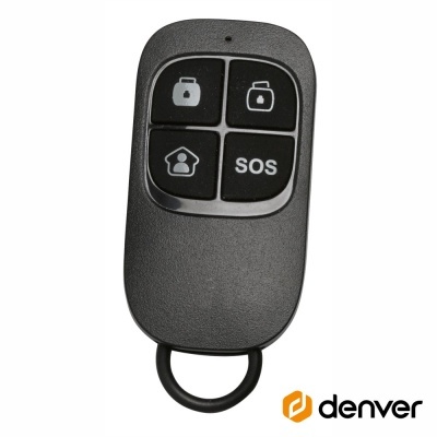 Comando remoto preto com botões cadeado e SOS e logotipo denver