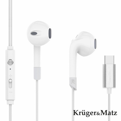 Auriculares brancos com fio Krüger&Matz com controlo remoto e conector USB-C