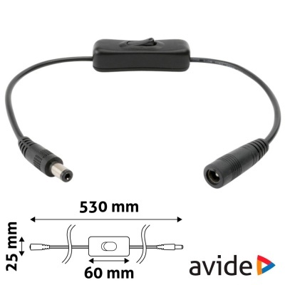 Cabo adaptador preto com interruptor e conectores cilíndricos, medidas destacadas, logo avide