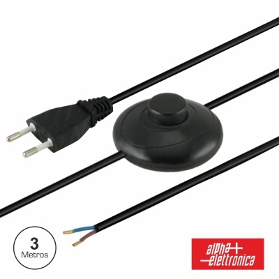 Cabo elétrico preto com interruptor e ficha de duas pontas, 3 metros
