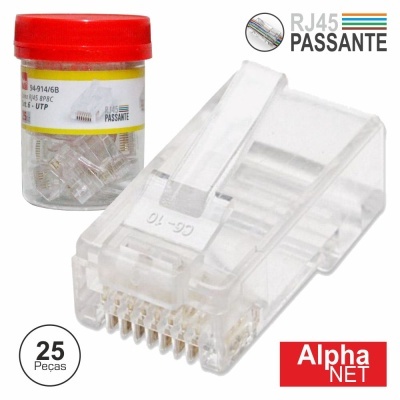 Conectores RJ45 Passante transparentes com embalagem e texto Alpha NET