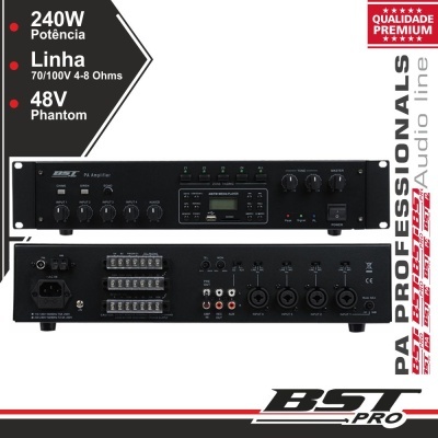 AMPLIFICADOR PA PHANTOM 24V 240W 4 ZONAS USBSDAMFM BSTPRO