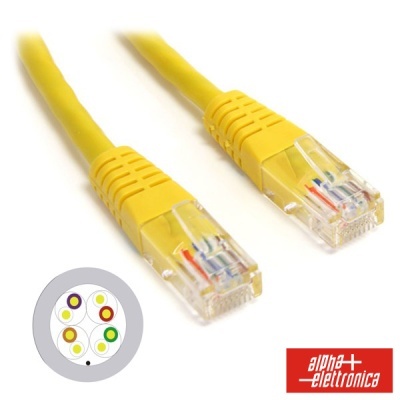 Cabo Ethernet amarelo com conectores RJ45 e logotipo alpha+ elettronica