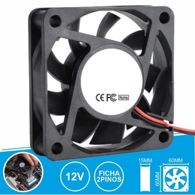 Ventoinha de refrigeração preta quadrada com etiqueta branca e cabo de dois fios