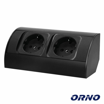 Tomada dupla embutida preta com design moderno e logotipo ORNO