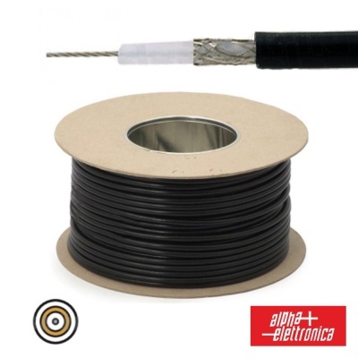 Rolo de cabo coaxial preto em carretel de cartão com corte mostrando interior