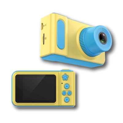 Câmara digital amarela e azul vista de dois ângulos