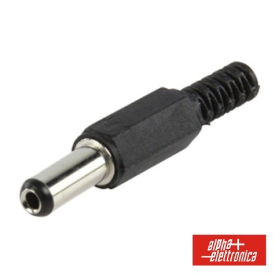 Conector de energia DC em preto e prateado com logótipo alpha elettronica