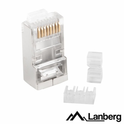 Conector RJ45 transparente com contactos dourados e logo Lanberg