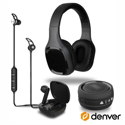 Conjunto de auriculares e auscultadores sem fios pretos da Denver