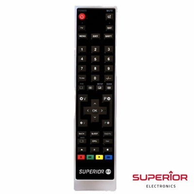 Comando remoto preto com bot es coloridos, texto SUPERIOR e log otipo Electronics