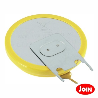 Bateria de botão recarregável amarela e cinza com suporte metálico