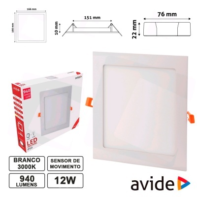 Painel LED quadrado branco 12W com sensor de movimento e embalagem