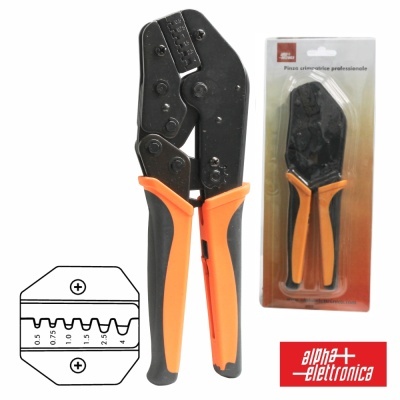 Alicate de crimpar profissional com punhos laranja e preta junto à embalagem