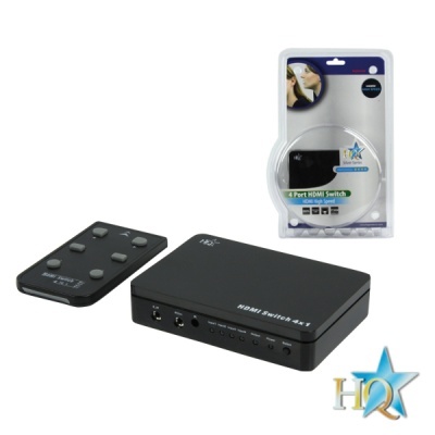 Switch HDMI 2x1 preto com telecomando na embalagem