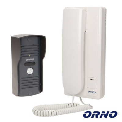 Intercomunicador preto e telefone interno branco com logotipo ORNO