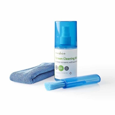 Kit de limpeza para ecrãs com spray azul, escova e pano de microfibra azul