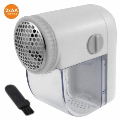 Maquineta elétrica branca para remover pelos de tecido com cesto transparente e escova pequena preta