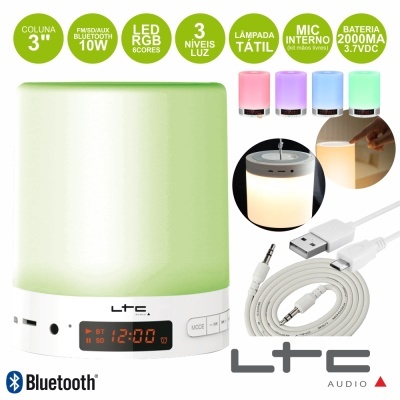 COLUNA BLUETOOTH RELÓGIO LUZ TÁTIL RGB 10W BATSDFMMIC LTC
