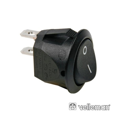 Interruptor redondo preto com botão I/O e terminais metálicos