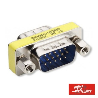 Adaptador conector metal com pinos, etiqueta amarela e logótipo alpha elettronica