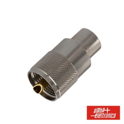 Conector coaxial metálico prateado com ponta dourada e logótipo alpha-elettronica