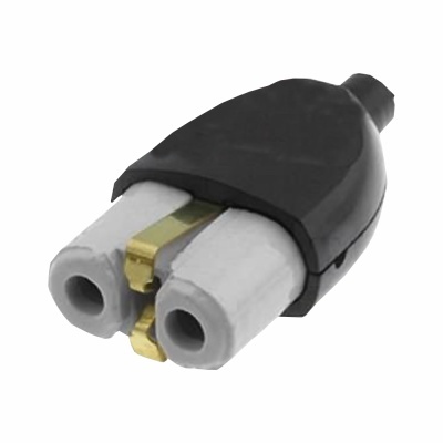 Conector elétrico preto com dois terminais brancos e detalhes metálicos dourados