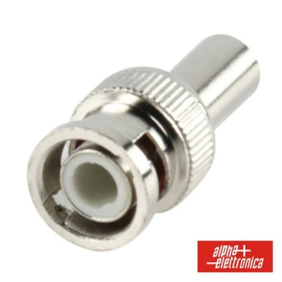 Conector BNC metálico prateado com isolamento branco e logo alpha elettronica