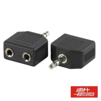 Adaptadores áudio preto com conector estéreo de 3,5 mm e duas entradas fêmea, fundo branco, logótipo alpha elettronica