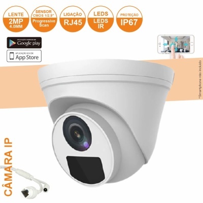 Câmera IP branca com lente 2MP, LEDs IR, ligação RJ45 e proteção IP67