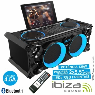 SISTEMA SOM PORTÁTIL PRETA120Wmáx USBBTFM LEDS IBIZA