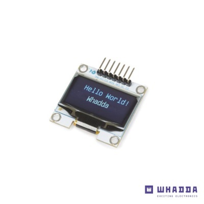 Ecrã OLED monocromático pequeno com texto 'Hello World! Whadda'