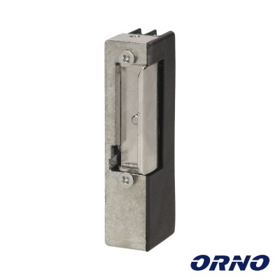 Fecho elétrico metálico prateado e preto com logótipo ORNO