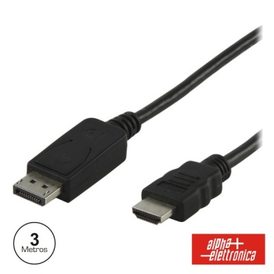 Cabo preto DisplayPort para HDMI de 3 metros com logótipo alpha elettronica