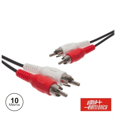 Cabo de áudio RCA vermelho e branco com 10 metros e logo Alpha Elettronica