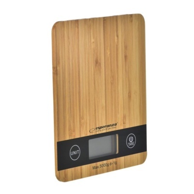 Balança digital de cozinha de madeira clara com visor digital e botões UNIT e TARE
