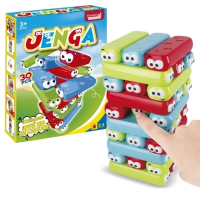 Jogo Jenga colorido com peças com olhos e caixa do jogo