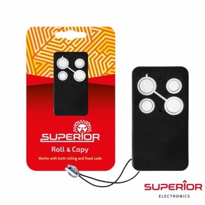 Comando remoto preto Superior com quatro botões, em embalagem vermelha e laranja